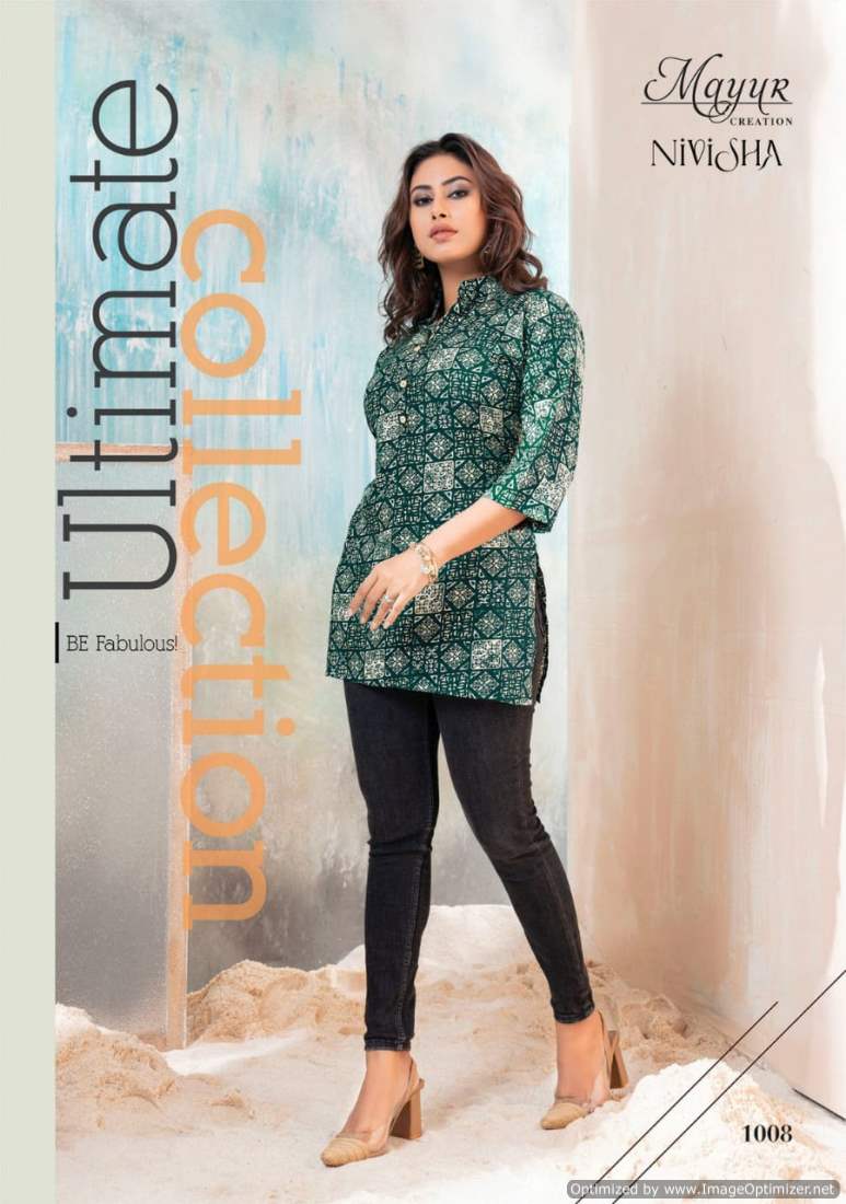 Nivisha Vol 1 By Mayur Heavy Rayon Printed Tunic Ladies Top Wholesale Market In Surat
